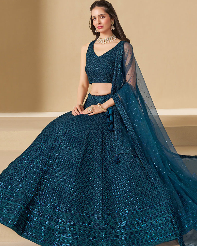 Designer Blue Color Georgette Embroidered Lehenga Choli