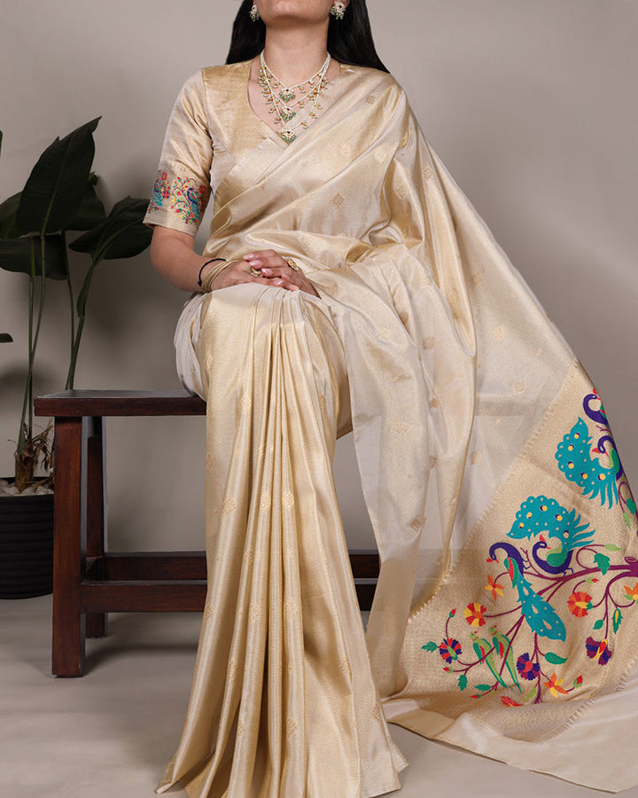 Cream Color Zari Weaving Tissue Paithani Saree