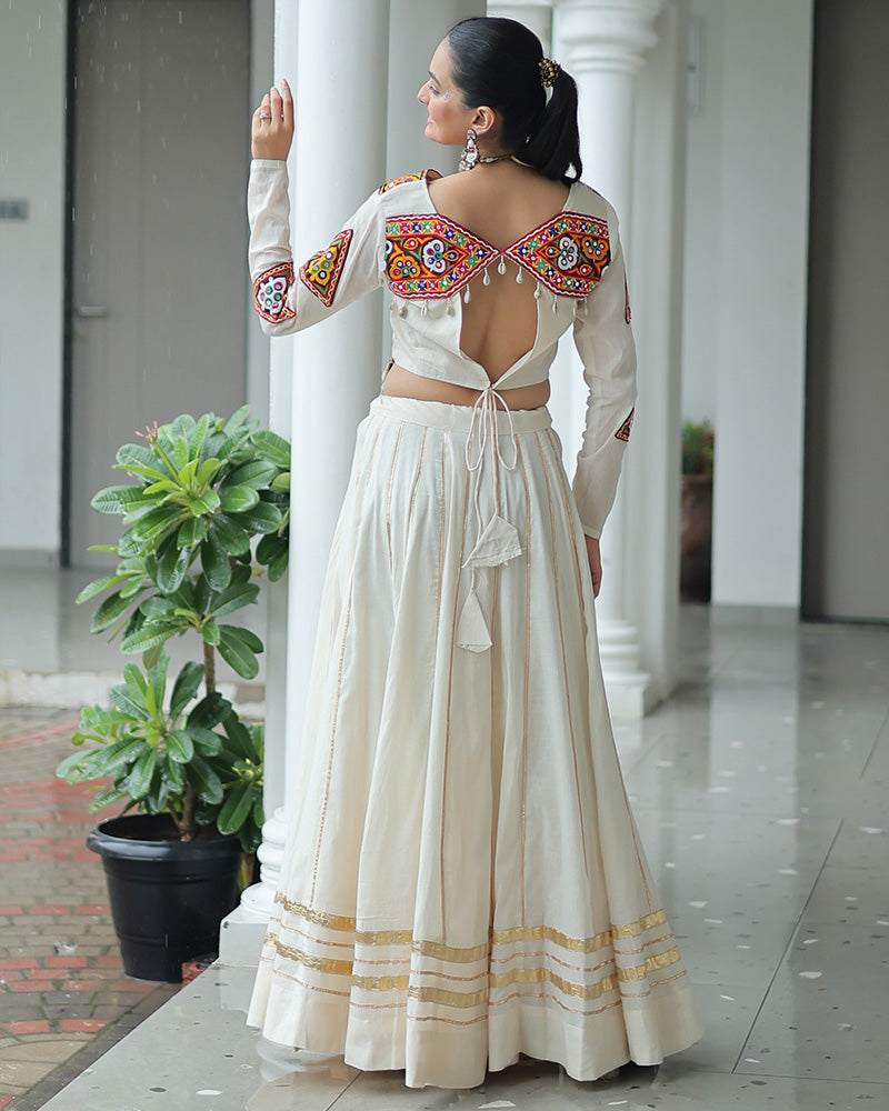 Classic Off-White Navratri Lehenga Choli with Ethnic Mirror Embroidery