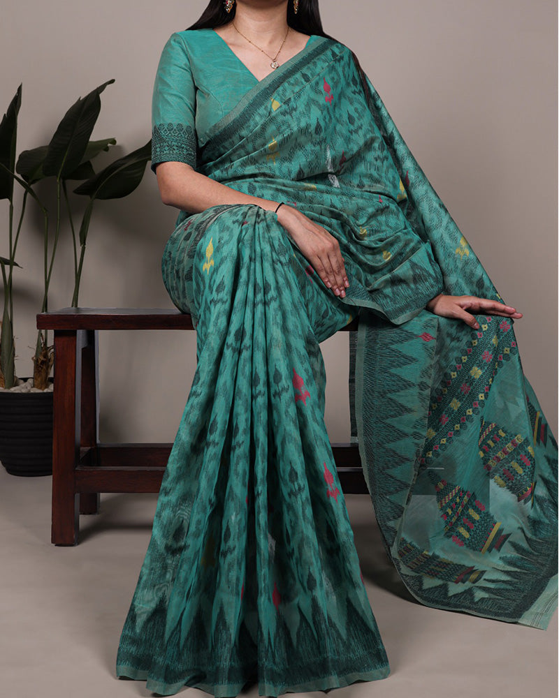Teal Green Color Thread Weaving Poly Cotton Saree