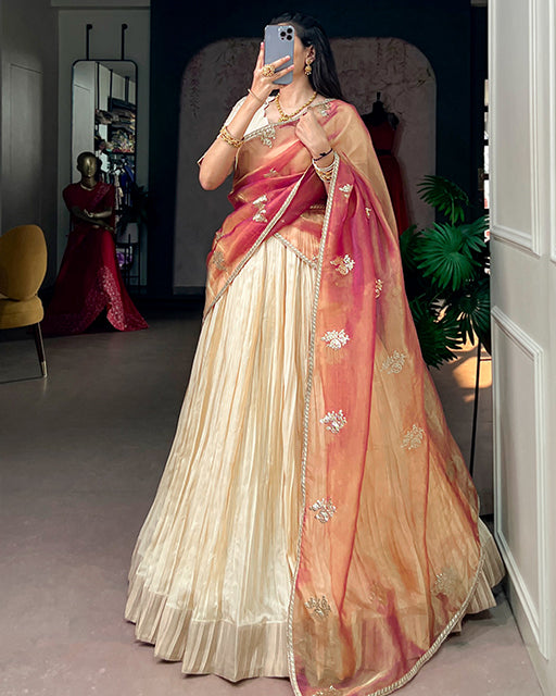 Off White Color Poly Kotha Tussar Zari Weaving Half Saree