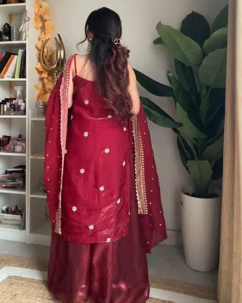 Maroon Color Soft Organza Plazzo Suit