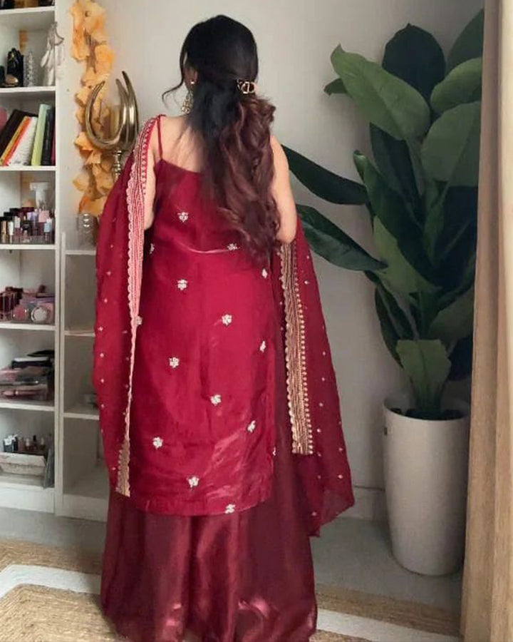Maroon Color Soft Organza Plazzo Suit