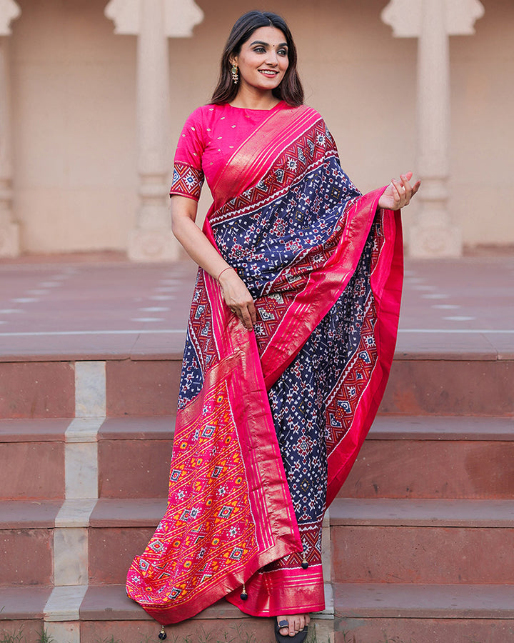 Navy Blue Color Patola Print With Foil Work Dola Silk Saree