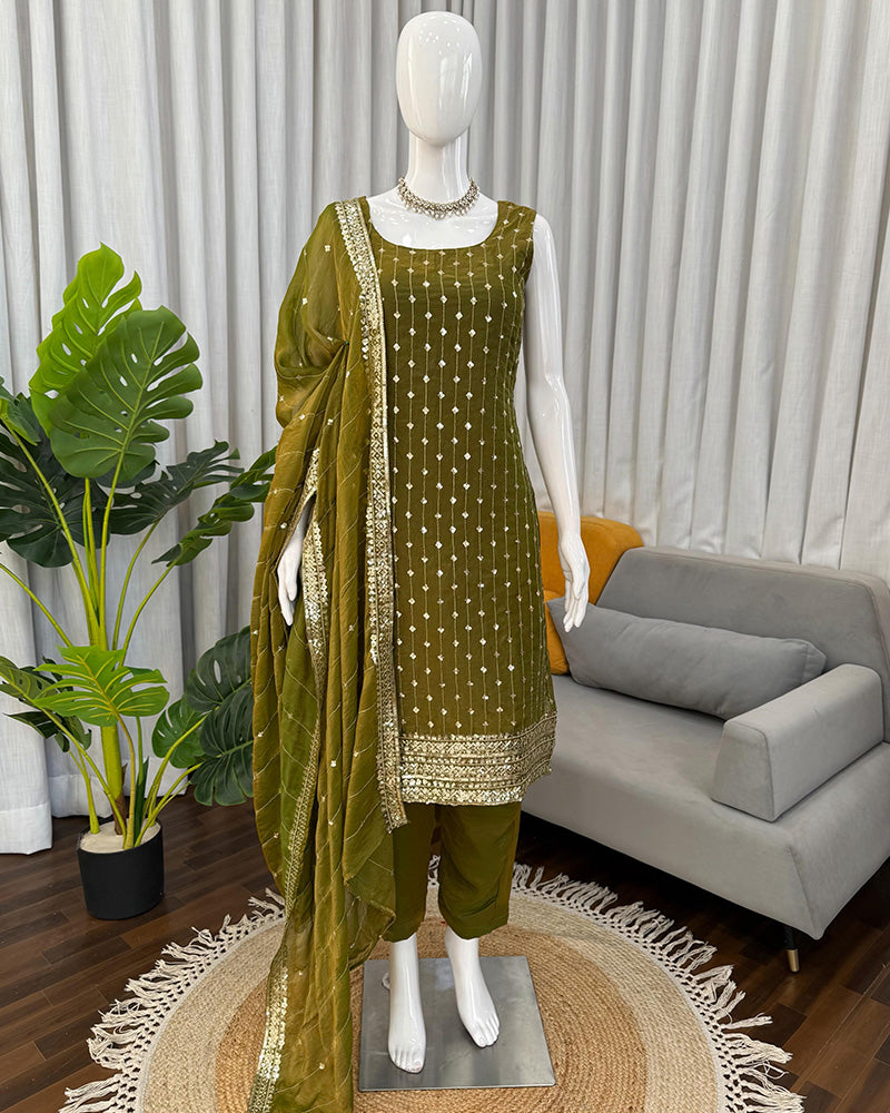 Mehndi Color Fendy Silk Embroidered Kurti Suit
