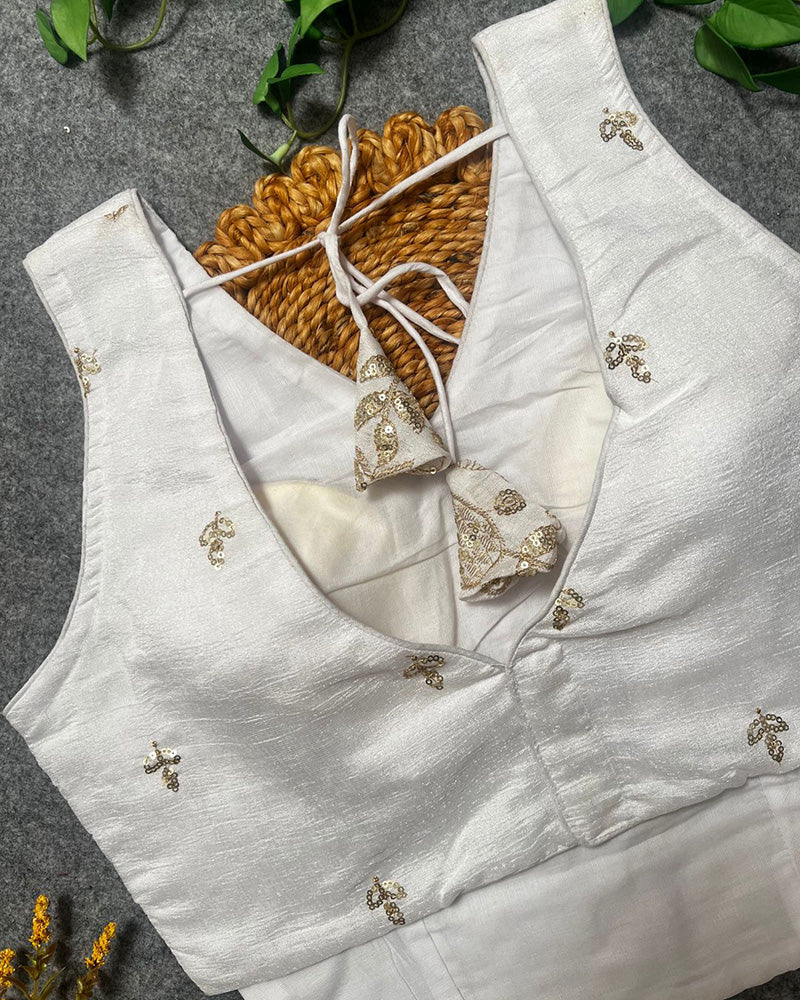 White Color Vichitra Silk Embroidered Blouse