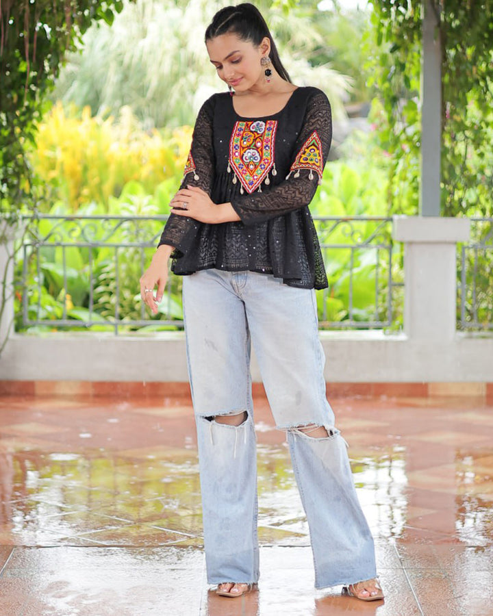 Black Color Georgette Lucknowi Work Navratri Kediya