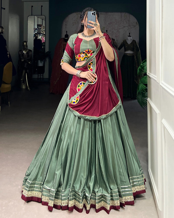 Charming Pista and Maroon Silk Crape Lehenga Choli With Traditional Touch