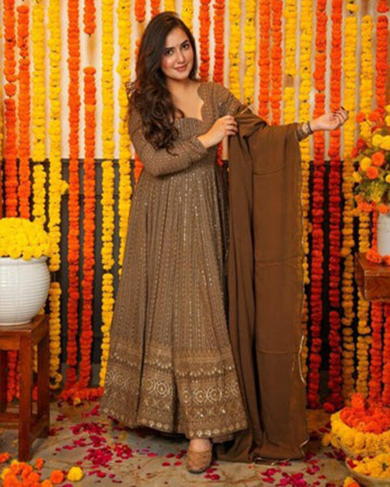 Brown Color Pure Georgette Embroidered Gown