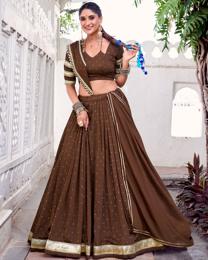 Elegant Brown Color Pure Chanderi Full Stithched Lehenga Choli