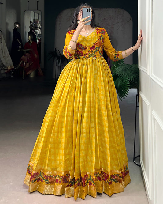Designer Mustard Color Polyster Viscose Chanderi Gown