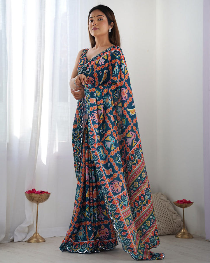 Rama Color Chinnon Silk Printed Saree