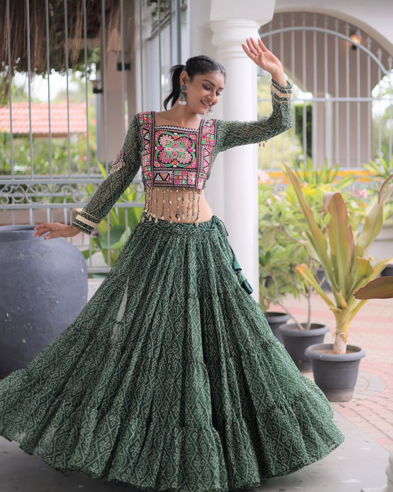 Four Color Bandhani Printed Faux Georgette Navratri Lehenga Set