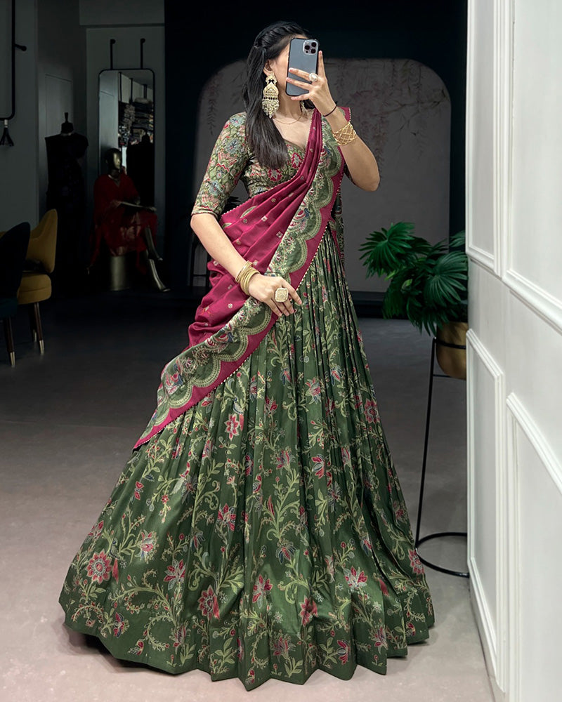 Bottle Green Color Tasar Silk Foil Printed Lehenga Choli