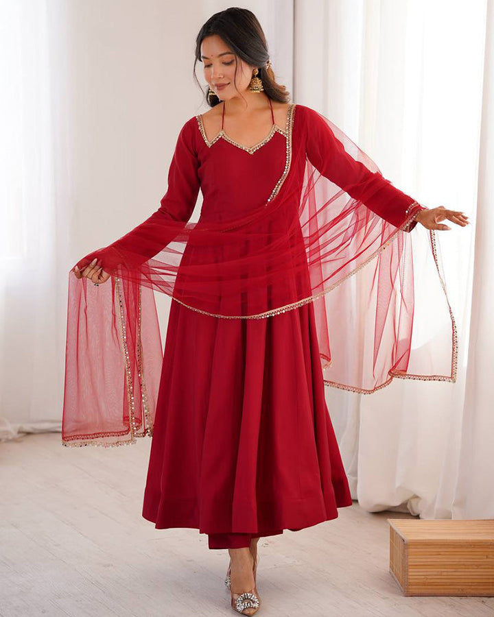 Maroon Color Chanderi Roman Silk Three Piece Anarkali Suit