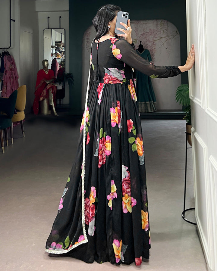 Black Color All Over Floral Printed Chiffon Gown