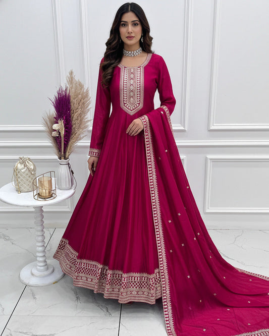 Dark Pink Vichitra Silk Sequence Embroidered Gown