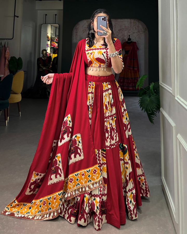 Mustard Color Rayon Printed Silk Navratri Lehenga Choli