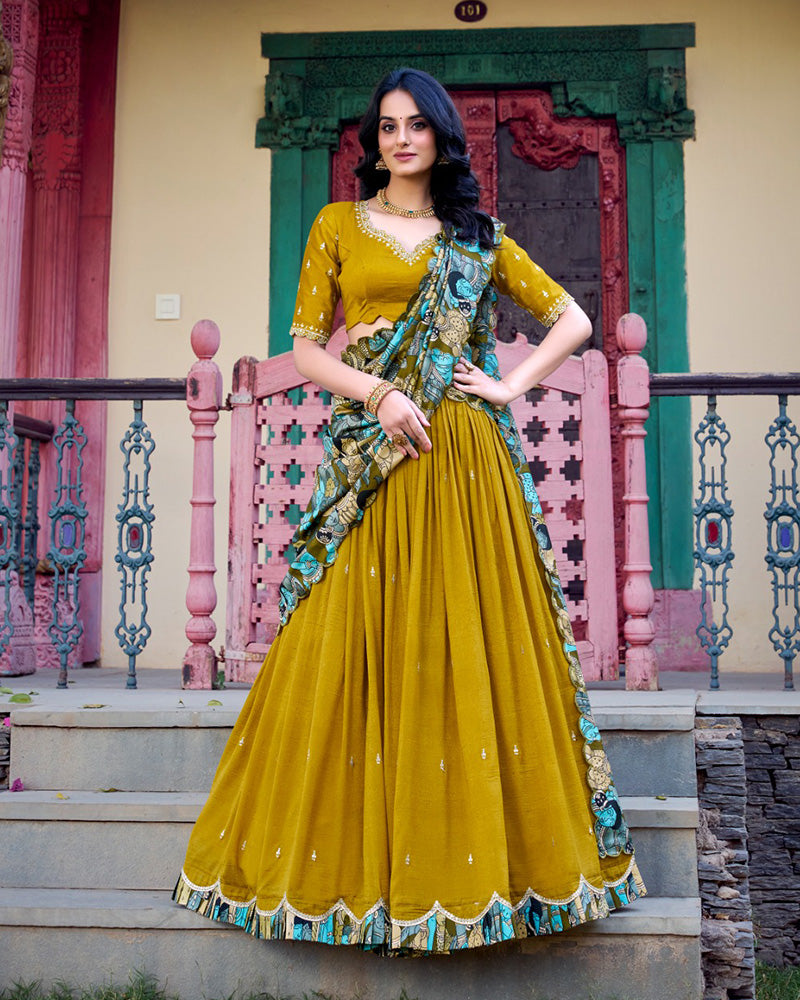 Designer Mustard Color Vichitra Silk Embroidered Lehenga Choli