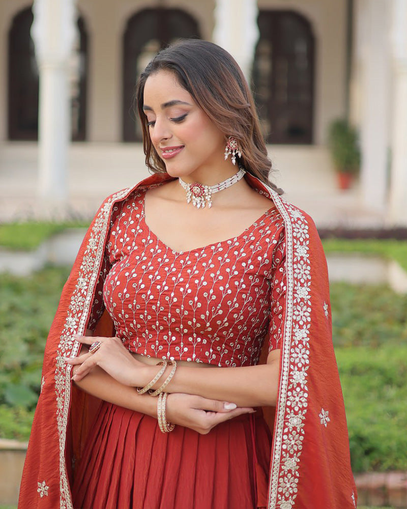Rust Orange Color Vichitra Silk Embroidered Lehenga Choli