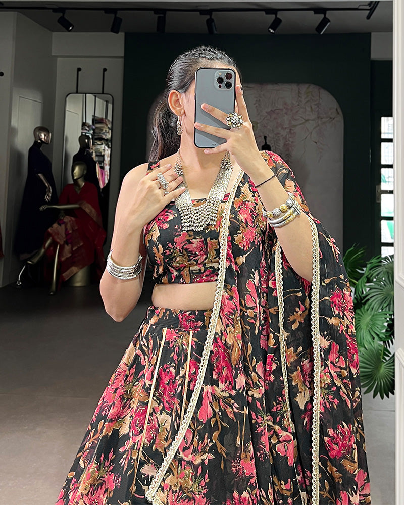 Black Color Chiffon Floral And Foil Printed Lehenga Choli