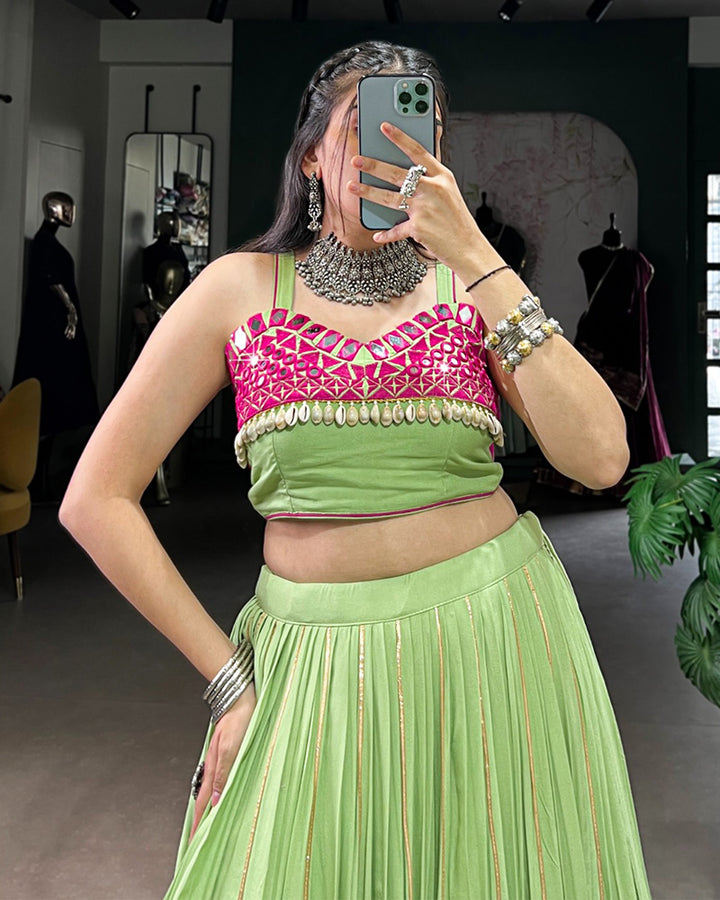 Parrot Green & Magenta Color Pure Rayon Mirror Work Navratri Lehenga Choli