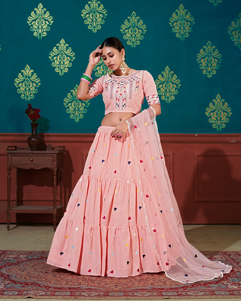 Peach Color Cotton Thread Embroidered Lehenga Choli