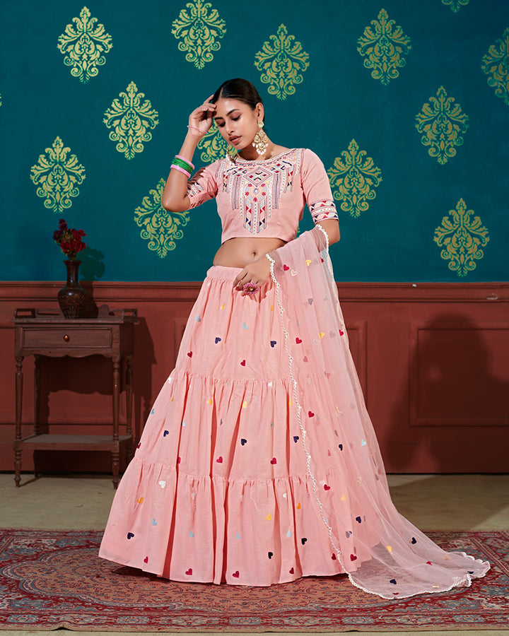 Peach Color Cotton Thread Embroidered Lehenga Choli