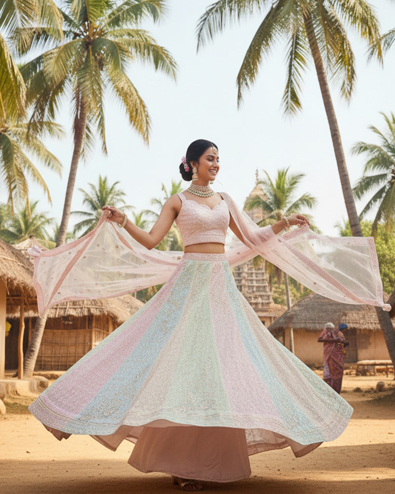 Wedding Wear Pastel Color Georgette Embroidered Lehenga Choli