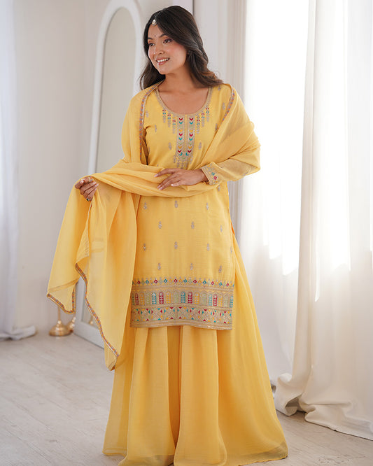 Yellow Color Crunchy Silk Embroidered Plazzo Suit
