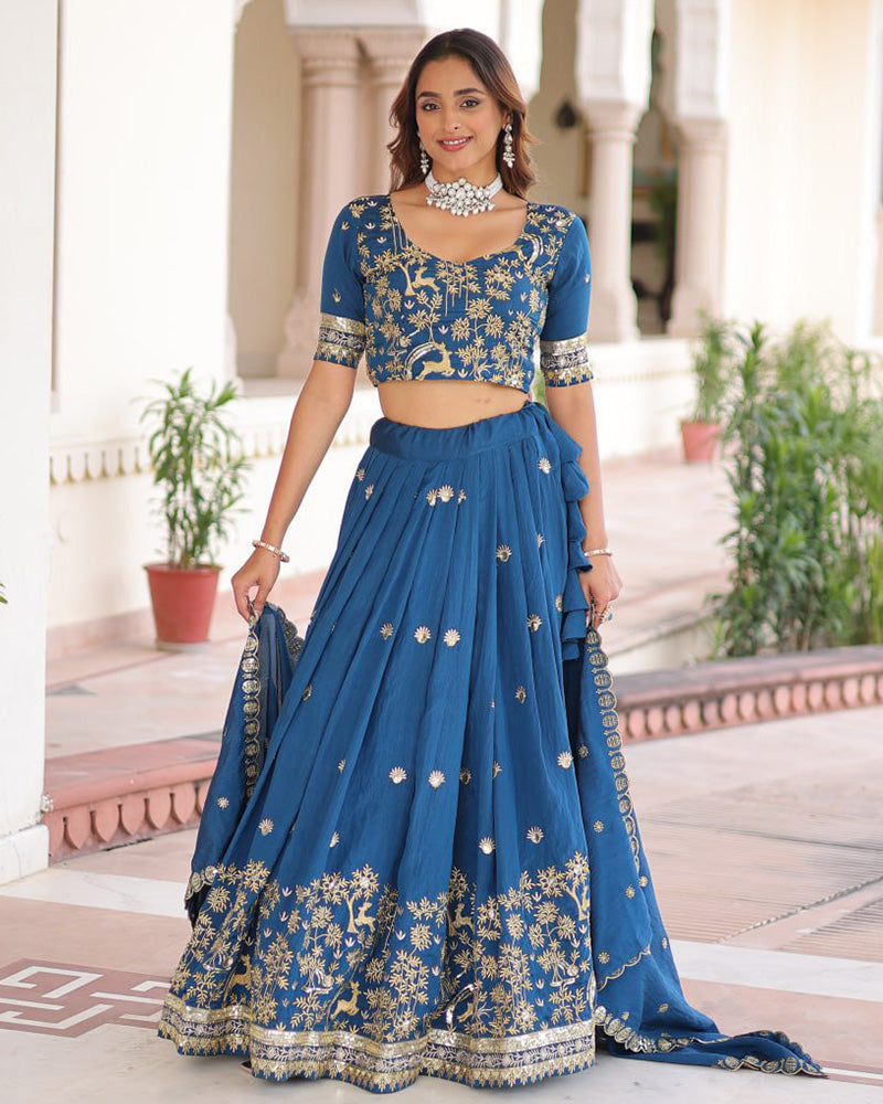 Peacock Blue Color Vichitra Silk Sequence Embroidered Lehenga Choli