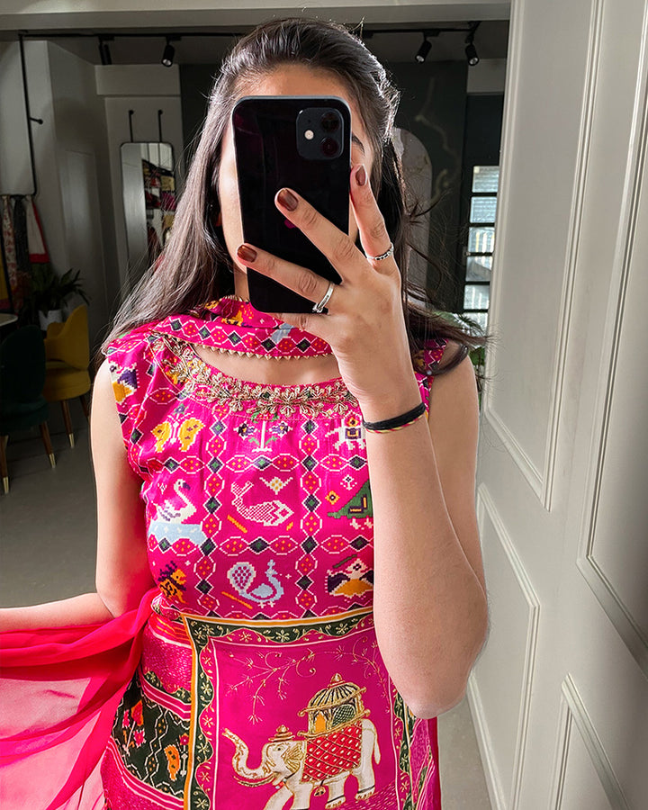 Pink Color Gaji Silk Three Piece Plazzo Suit