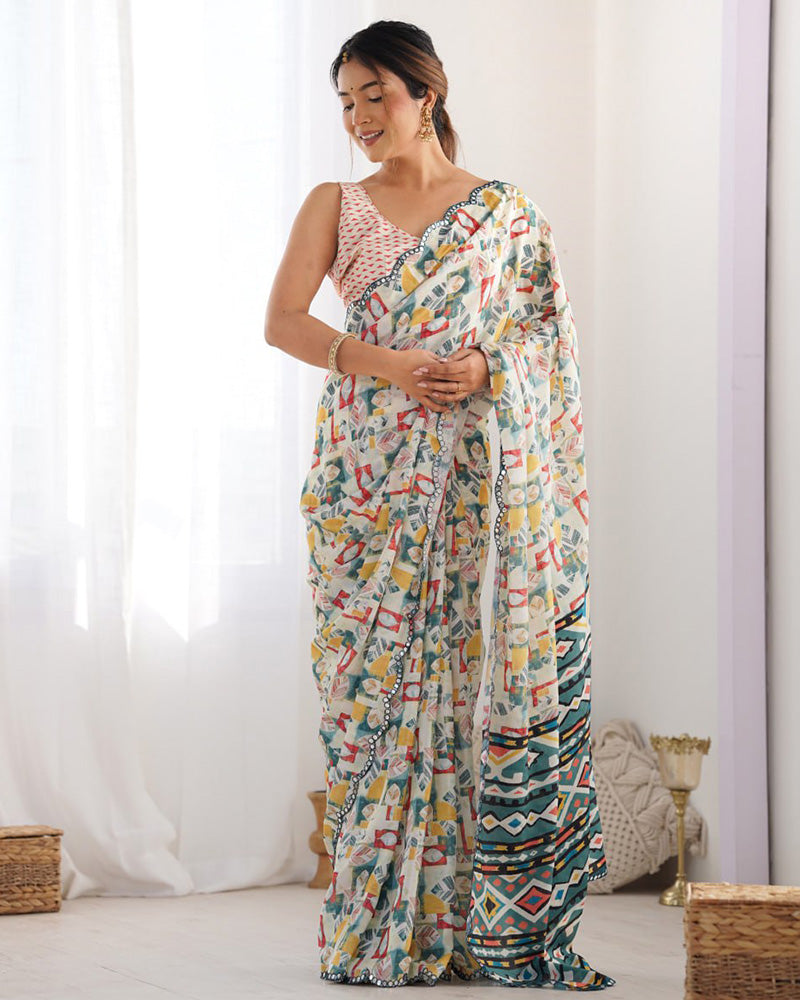 Off-White Color Chinnon Silk Printed Saree