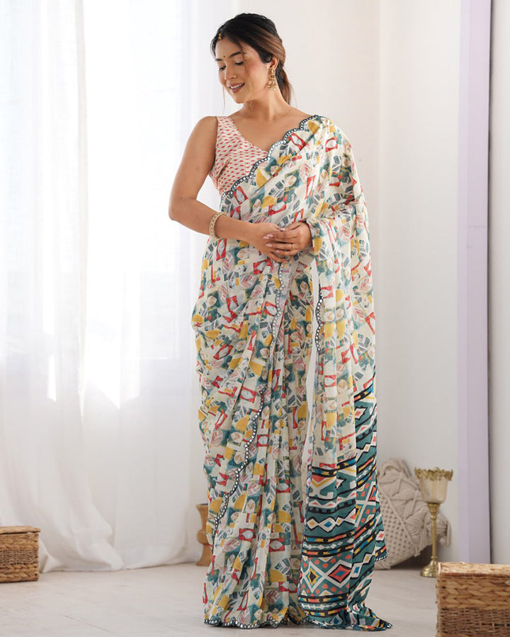 Off-White Color Chinnon Silk Printed Saree