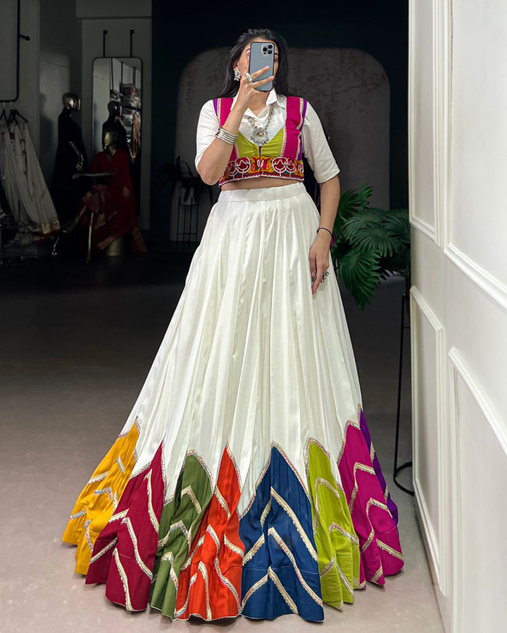 White Lehenga Choli WIth Vibrant Multicolor Flare