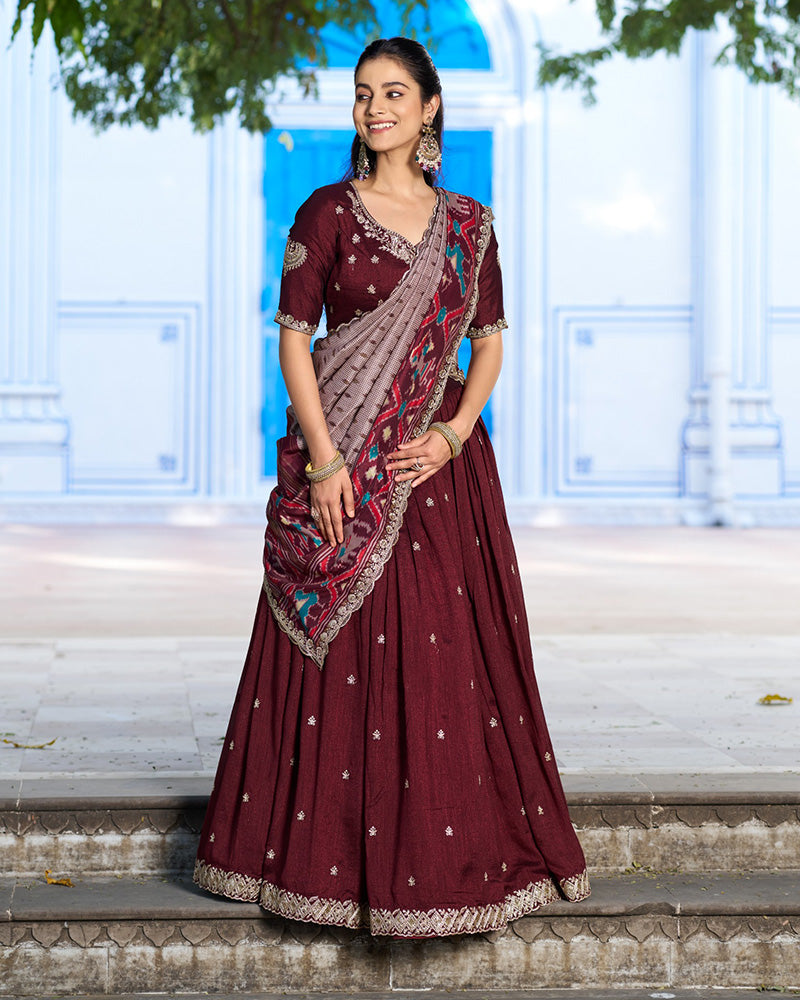 Premium Maroon Embroidered Vichitra Silk Lehenga Choli