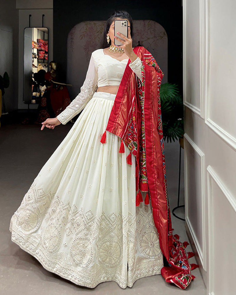 Off White Lucknowi Embroidery Work Lehenga Choli