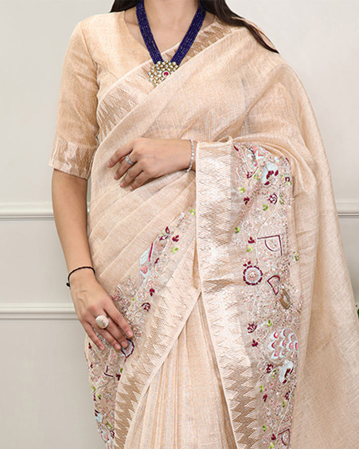 Cream Color Embroidered Kota Tissue Saree