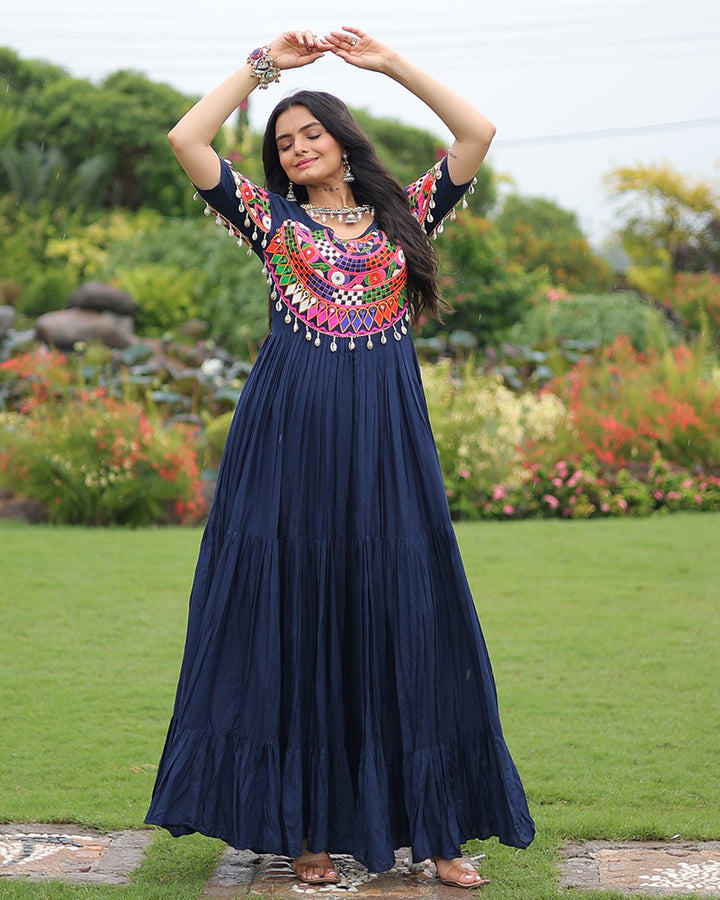 Navratri Wear Royal Blue Color Rayon Gamthi Work Gown