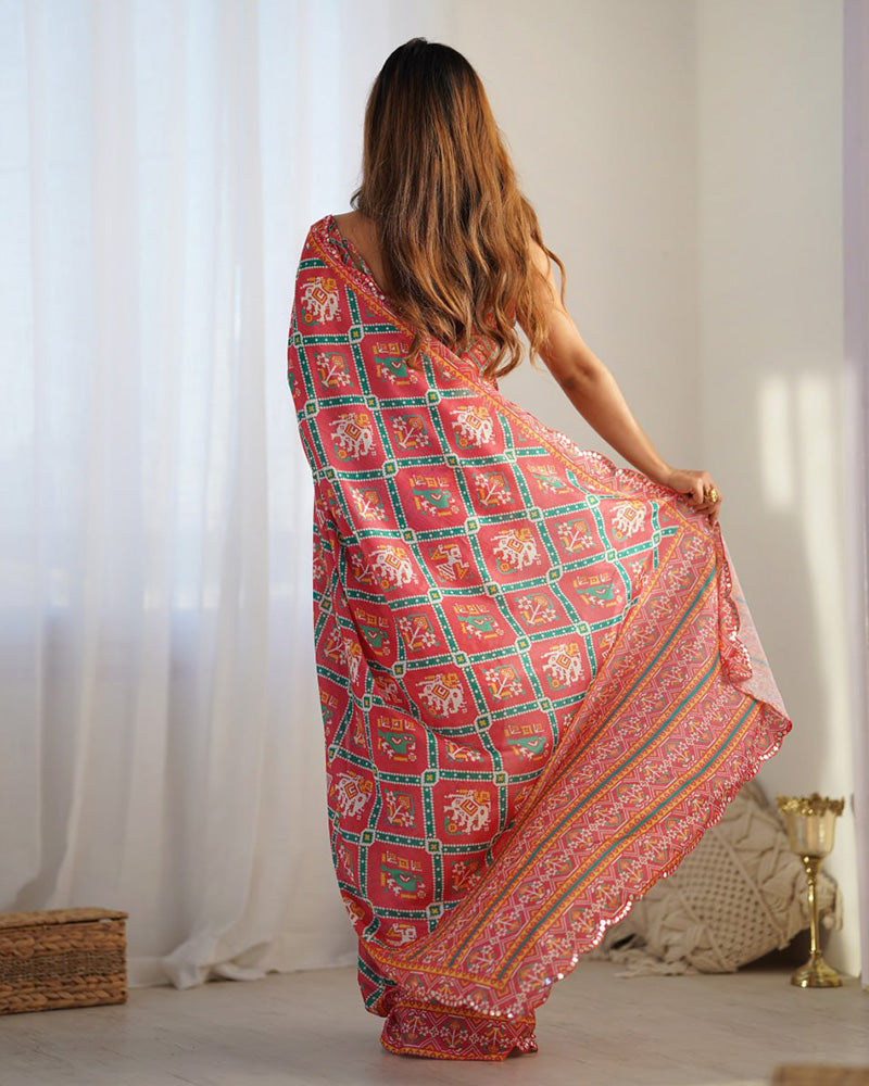 Tomato Color Chinnon Silk Printed Saree