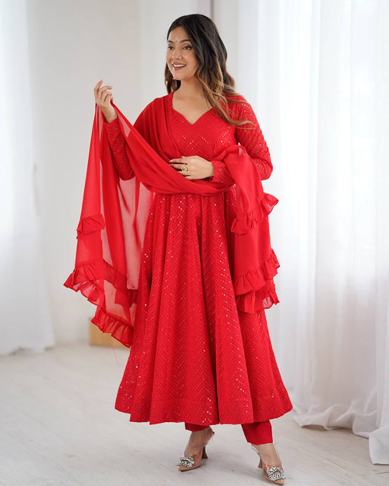 Red Color Georgette Lucknowi Three Piece Anarkali Suit