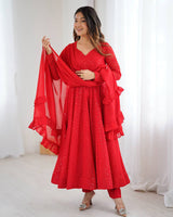 Red Color Georgette Lucknowi Three Piece Anarkali Suit