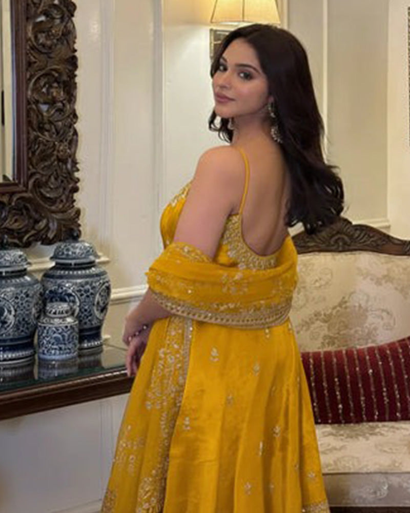 Yellow Color Vichitra Silk Embroidered Anarkali Suit