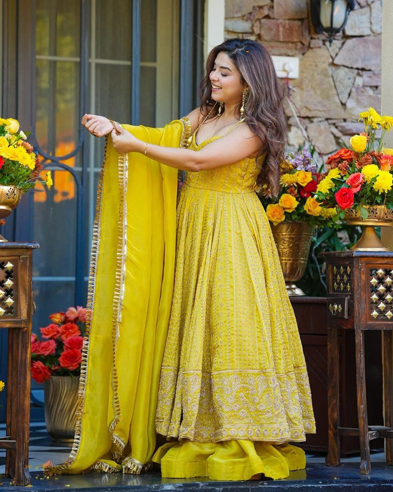 Yellow Color Tebby Organza Embroidered Sharara Suit