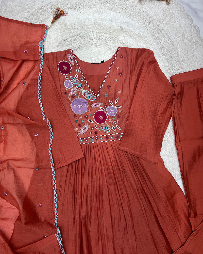 Rust Orange Color Mal Cotton Three Piece Kurti Suit