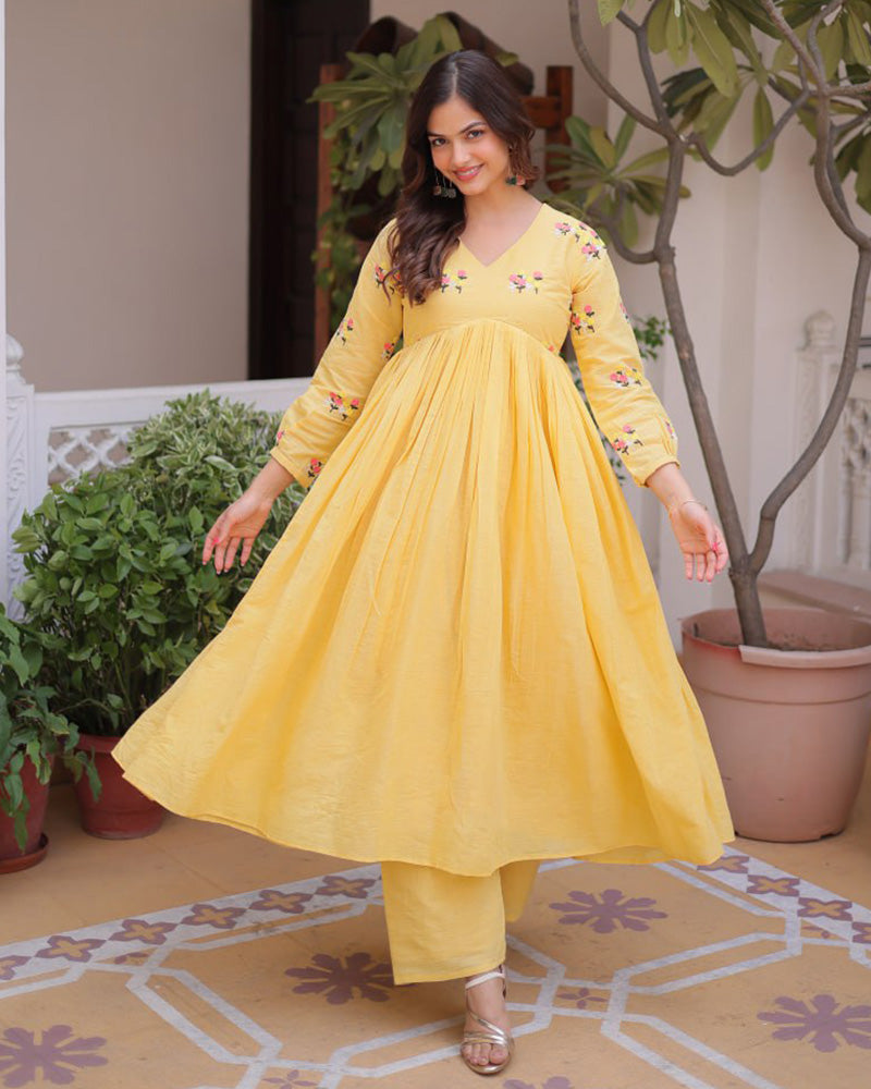 Yellow Color Pure Cotton Embroidered Kurti Suit