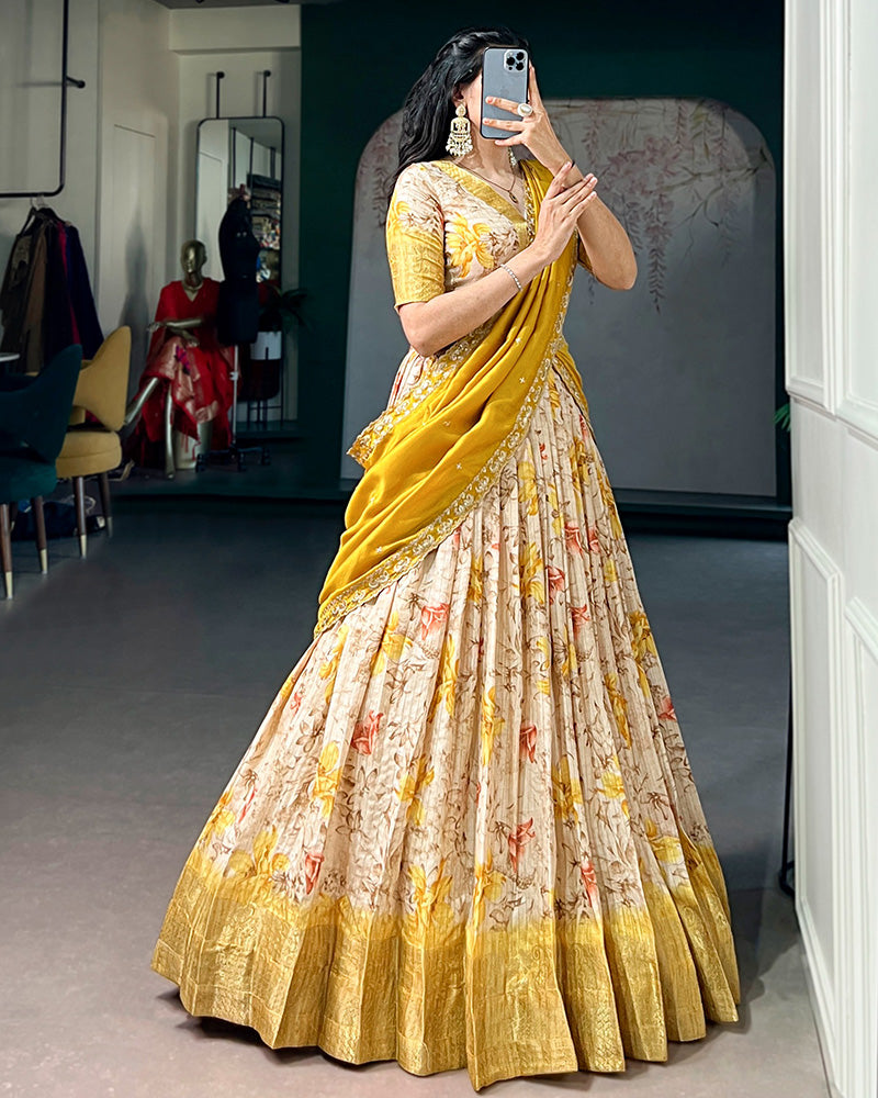 Yellow Color Dola Chex Floral Printed Half Saree