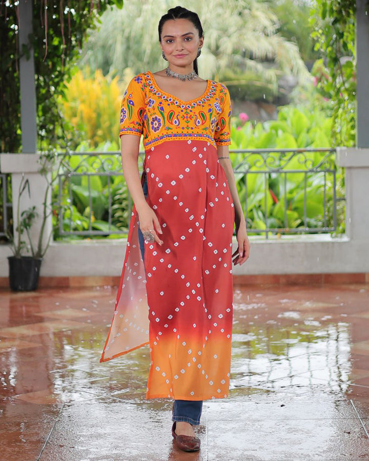 Navratri Special Rust Orange Color Rayon Kutchi Work Kurti