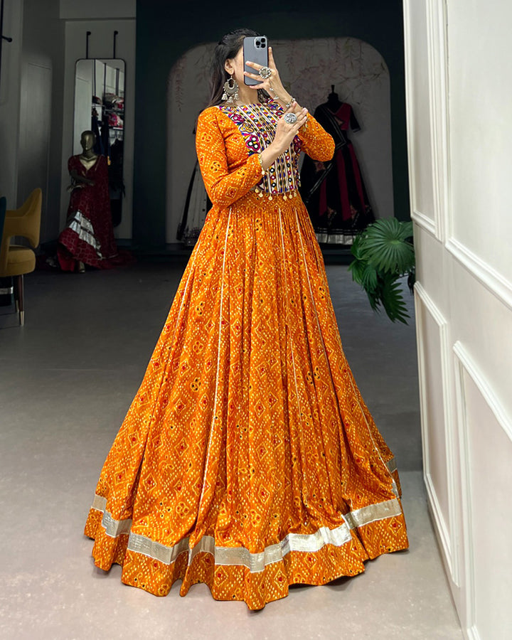 Mustard Color Rayon Foil Printed Navratri Lehenga Choli
