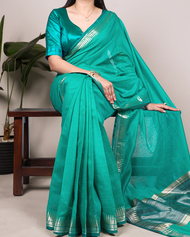 Teal Green Color Cotton Silk Zari Weaving Saree